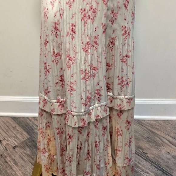 Polo Ralph Lauren Jaclyn Pleated Midi Pink/Ivory Floral Vine Satin Skirt Sz 6 - Picture 1 of 9